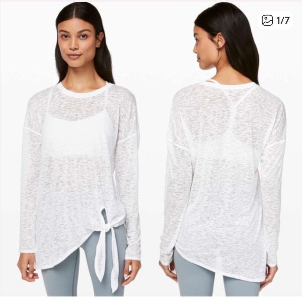 Women's White Sheer Tie-Hem Long Sleeve Top